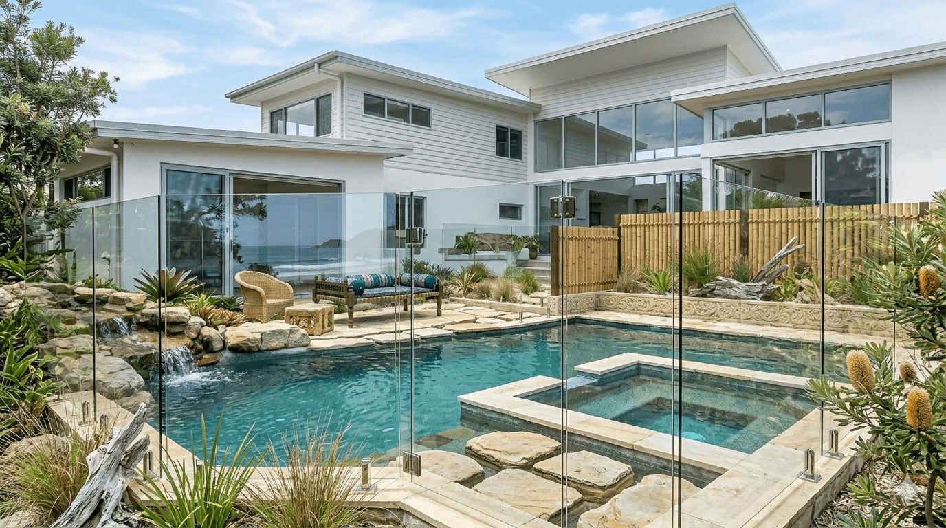 Frameless glass fencing surrounding a coastal home's swimming pool